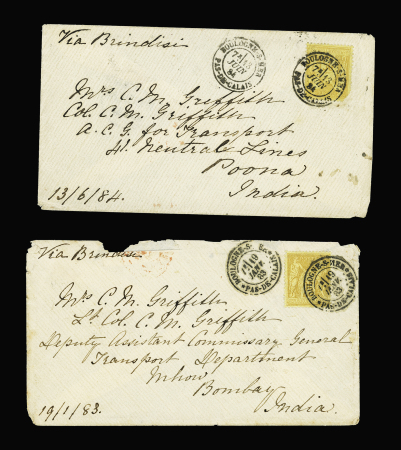 N°92 OBL Boulogne-s-Mer (1883 et 1884) sur 2 lettres adressées à Bombay et Poona (Inde)