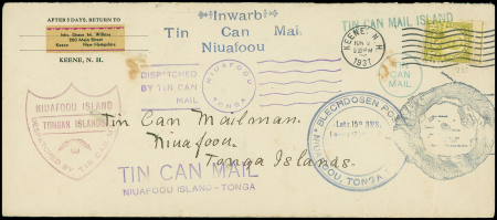 USA n°235 OBL Keene (1937) sur lettre pour Niuafoou Tonga avec nombreux cachets. TB