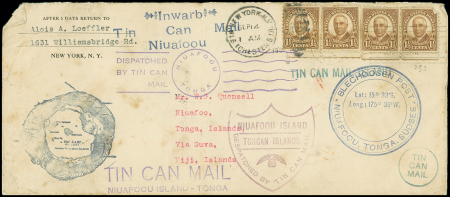 USA n°292, 4 pièces,  OBL New York (1936) sur env Tin-Can mail pour Niuafoou avec nombreux cachets. TB.