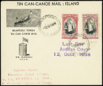 Tonga n°70 + 71 OBL Niuafoou (1938) sur env illustrée Tin Can Mail avec nombreux cachets au verso. TB