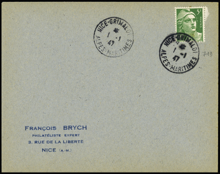 N°719 OBL Nice Grimaldi (1.1.1947 - tarif à 5F, durée 1 journée) sur lettre. TB