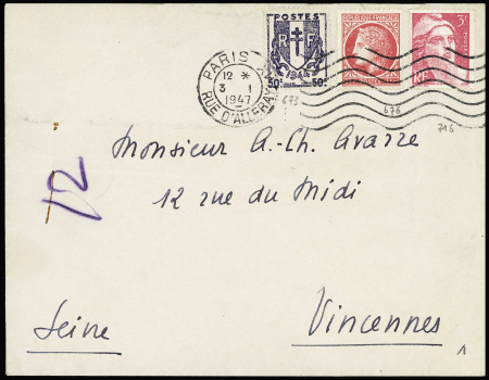N°656 + 673 + 716 OBL Paris XV (3.1.47) sur lettre (tarif à 4F50 du 2.1.47). TB