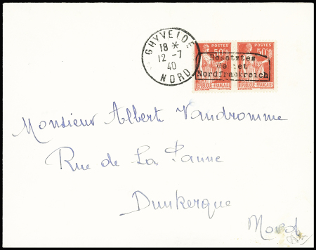 N°3 50c rose-rouge en paire avec surcharge de Dunkerque,
