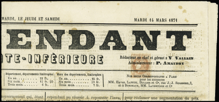 N°40B 2c brun-rouge obl typographique, seul sur journal