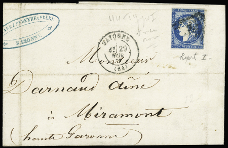 N°44Aa 20c bleu foncé obl. GC sur lettre de Bayonne