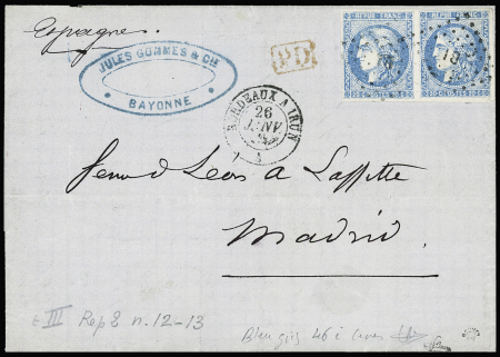 N°46Bb 20c bleu-gris, paire obl. ambulant BI sur lettre