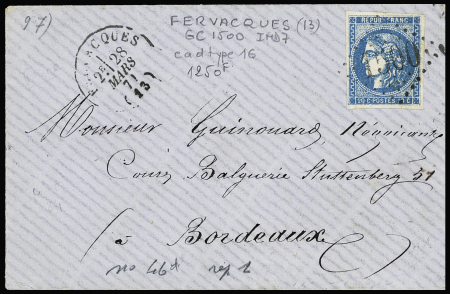 N°46A 20c bleu obl. GC 1500 sur enveloppe de Fervacques