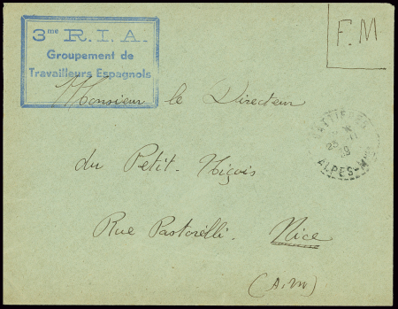 Lettre en franchise de Gattières Alpes Maritimes (1939) avec cachet rect bleu "3me RIA Groupement de travailleurs espagnols". TB