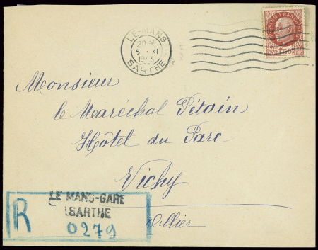 N°517 OBL Le Mans (1943) sur lettre adressée au Maréchal Pétain avec griffe de fortune de recommandation d'office "Le Mans-gare Sarthe". TB