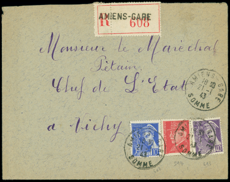 N°407 + 413 + 514 OBL Amiens gare Somme (1943) sur lettre recommandée d'office pour le maréchal Pétain. TB
