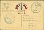 Carte postale de franchise militaire franco-tchèque avec 3 drapeaux "Vae Germania l'heure du châtiment approche" avec grand CAD illustré du SP 2197. TB