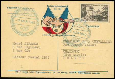 Carte postale de franchise militaire franco-tchécoslovaque "La vérité vainc" OBL (7.3.1940). TB