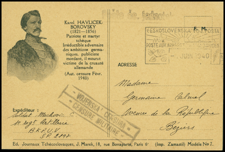 CPFM franco-tchecoslovaque avec effigie de Karel Havlicek Borovsky. OBL. TB