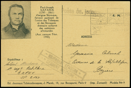 CPFM franco-tchecoslovaque ave effigie de Paul-Joseph Safarik (1795-1861). TB
