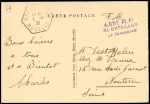 Carte postale en franchise avec CAD hexagonal "Baerenthal Moselle" (2.10.38 - mobilisation lors de la crise de Munich) et griffe violette