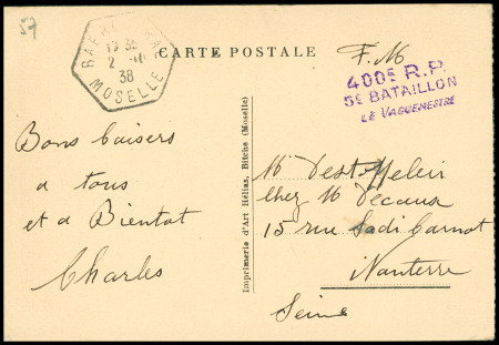 Carte postale en franchise avec CAD hexagonal "Baerenthal Moselle" (2.10.38 - mobilisation lors de la crise de Munich) et griffe violette
