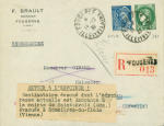 N°375 + 414A OBL Fougères Ille et Vilaine sur lettre recommandée pour Saint Avold avec étiquette ronéotypée