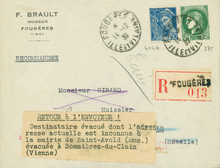 N°375 + 414A OBL Fougères Ille et Vilaine sur lettre recommandée pour Saint Avold avec étiquette ronéotypée