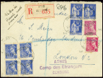 N°407, 4 pièces + 368, 3 pièces + 406 + 416 OBL "Athis de L'Orne Orne" (nov 1939) sur lettre recommandée pour Londres avec griffe violette