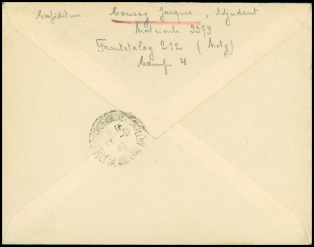 Lettre en franchise avec cachet violet "Frontstalag 212 gepruft 6" (Metz) + griffe encadrée "Gefangenenpost gebuhrenfrei !". TB