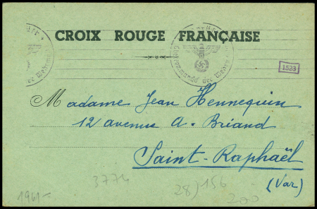 Avis de capture de la Croix-Rouge française sur carton vert "Je suis prisonnier de guerre; je vais bien; ne vous tourmentez pas" avec censure allemand. TB