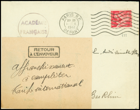 N°433 OBL Paris RP Départ (1.1.41) sur lettre pour Mutzig Bas-Rhin avec étiquette "affranchissement à compléter tarif international"