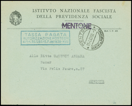 Lettre à en-tête "Istituto nazionale fascista della previdenza sociale Mentone" avec CAD "Mentone arrivi e partenze" (11.4.43). TB