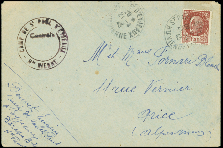 N°517 sur lettre d'un interné politique avec cachet noir "Camp de St Paul d'Eyjeaux Hte Vienne - contrôle" (1943). TB