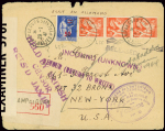 N°435, bande de 3 + n°482 OBL CAD "Camp de Gurs Basses Pyrénées" (1941) sur lettre recommandée pour New-York avec griffe violette
