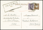 N°413 OBL Montluçon (fev 1942) sur entier CP 80c Pétain brun avec griffe noire encadrée "inadmis" (timbre mobile inadmis dans le courrier interzone).