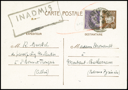 N°413 OBL Montluçon (fev 1942) sur entier CP 80c Pétain brun avec griffe noire encadrée "inadmis" (timbre mobile inadmis dans le courrier interzone).