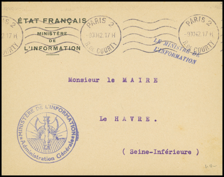 Lettre en franchise de Paris (1942) avec cachet bleu avec francisque "Ministère de l'information administration générale". TB