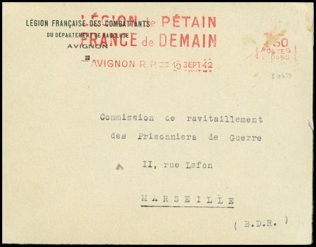 Lettre à en-tête de la Légion française des combattants d'Avignon avec empreinte de machine à affranchir rouge "Légion de Pétain France de demain". TB