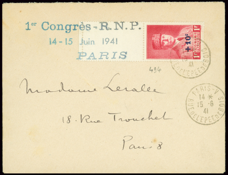 N°414 OBL Paris V (15.6.41) sur lettre avec griffe bleue "1er congrès RNP 14-15 juin 1941 Paris" (organisation collaborationniste dirigée par Marcel Déat)