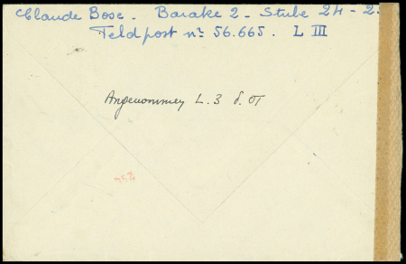 Lettre en franchise avec CAD muet (14.7.43) + cachet noir avec aigle "Organisation Todt 190" adressée en France. TB