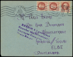 N°517, 3 pièces, OBL Lyon gare (12 aout 1944) sur lettre pour l'Allemagne avec griffe violette "Retour à l'envoyeur courrier non acheminable - Employer formules Croix-Rouge"