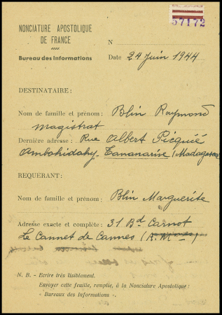 Message à en-tête "Nonciature apostolique de France bureau des informations" de Tananarive (24 juin 1944) pour le Cannet (Alpes maritimes). RR et TB