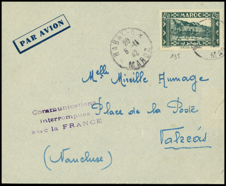 Maroc n°195 OBL Rabat (9.11.42) sur lettre pour Valréas avec griffe violette "Communications interrompues avec la France"