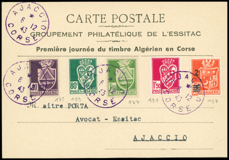Algérie n°178 + 189 + 177 + 191 + 197 OBL CAD "Ajaccio Corse" (6.12.43) sur carte spéciale "Première journée du timbre algérien en Corse". TB