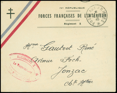 Lettre en franchise à en-tête "IV e République forces françaises de l'intérieur - Régiment Z" + bandeau tricolore et croix de Lorraine avec CAD