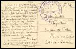 Carte postale en franchise de Toulouse (8.11.44) avec cachet violet à croix de Lorraine "Forces françaises de l'intérieur OJC - Toulouse - le vaguemestre"