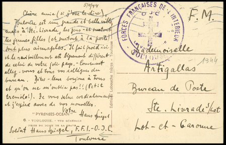 Carte postale en franchise de Toulouse (8.11.44) avec cachet violet à croix de Lorraine "Forces françaises de l'intérieur OJC - Toulouse - le vaguemestre"