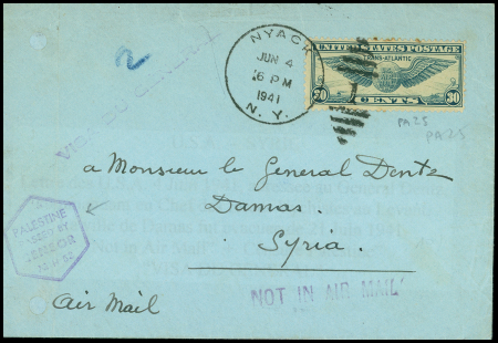 USA PA 25 OBL "Nyack NY" (4 juin 41) sur lettre adressée au général Dentz en Syrie avec censure de Palestine