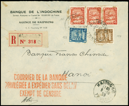 Indochine n°157 + 158 + 160 en bande de 3 OBL Haïphong (3.10.39) sur lettre recommandée de la banque de l'Indochine pour Hanoï avec grande griffe rouge