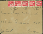 N°283, 50c Paix, bande verticale de 5 OBL CAD "Feldpost" (14.8.40) sur lettre de Rugles (Eure) expédiée à la Croix-Rouge de Genève avec censure allemande
