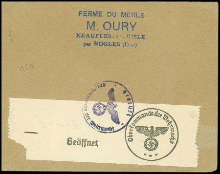 N°283, 50c Paix, bande verticale de 5 OBL CAD "Feldpost" (14.8.40) sur lettre de Rugles (Eure) expédiée à la Croix-Rouge de Genève avec censure allemande