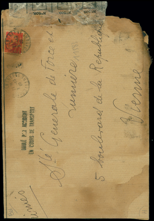N°433 OBL Chambéry Entrepôt (2.10.40) sur env brûlée pour Vienne (Isère) avec griffe noire "brûlé par accident en cours de transport"