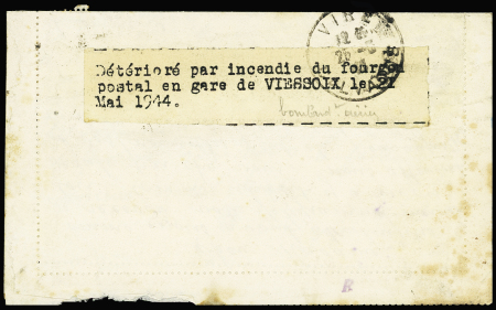 N°517 OBL Hambye Manche (20.5.44) sur carte-lettre pour Tourcoing avec au verso étiquette ronéotypée "détérioré par incendie du fourgon postal en gare de Viessoix le 21 mai 1944