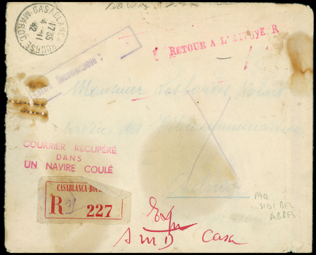 LR de Casablanca Bourse (4.11.42) avec griffe rouge "Courrier récupéré dans un navire coulé" (lettre transportée par le paquebot Sidi Bel Abbès)