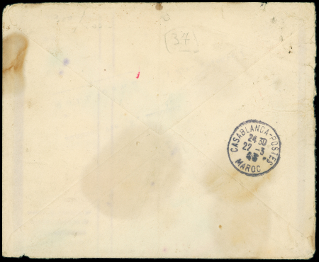 LR de Casablanca Bourse (4.11.42) avec griffe rouge "Courrier récupéré dans un navire coulé" (lettre transportée par le paquebot Sidi Bel Abbès)